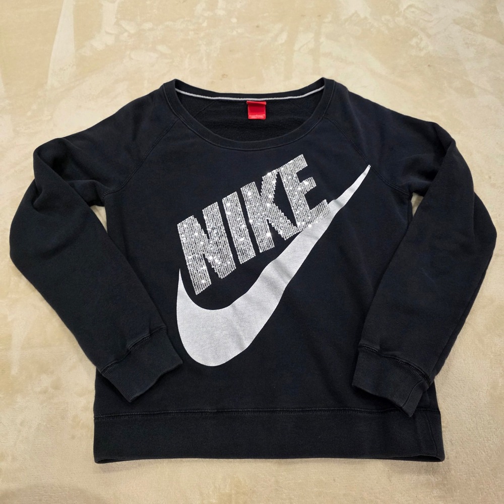 Nike Women Sweatshirt Small S Black Crewneck Sequin Logo Silver Bling Pullover